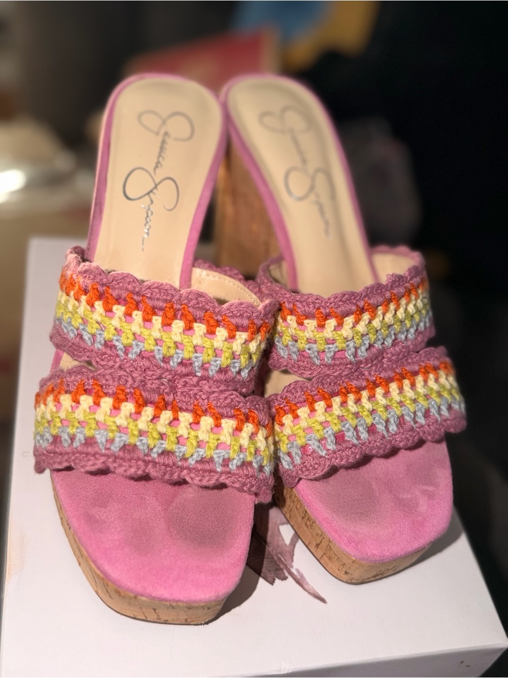 Jessica Simpson Pink Crochet Double-Strap Platform Mules